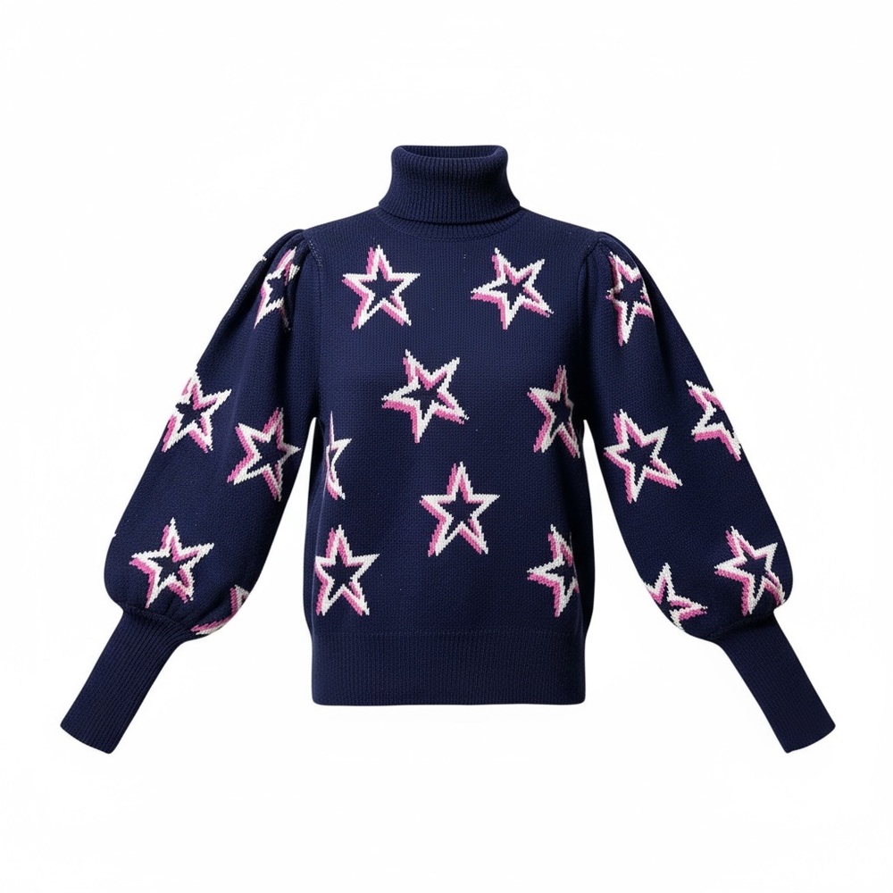 GAP Puff Sleeve Star Sweater Navy Pink White Size XS NWT